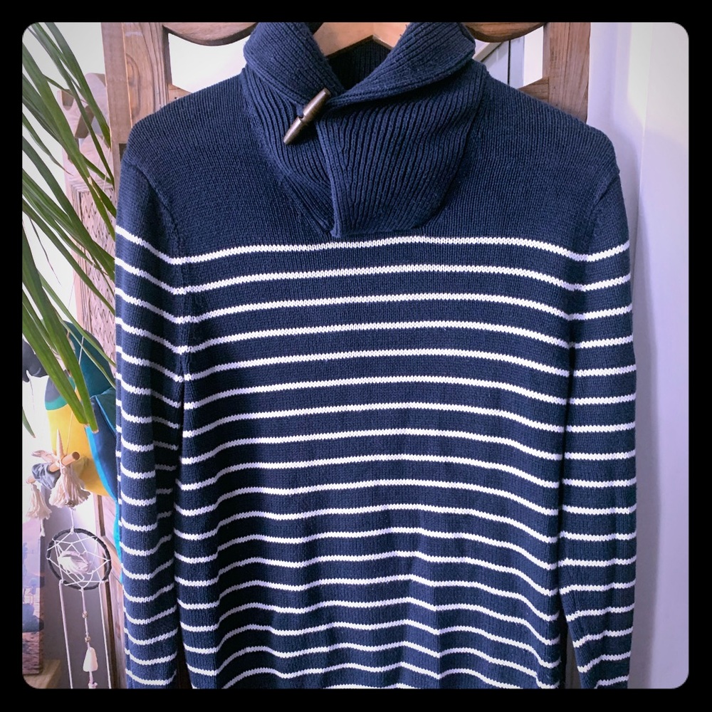 Heavy navy blue & white striped sweater.